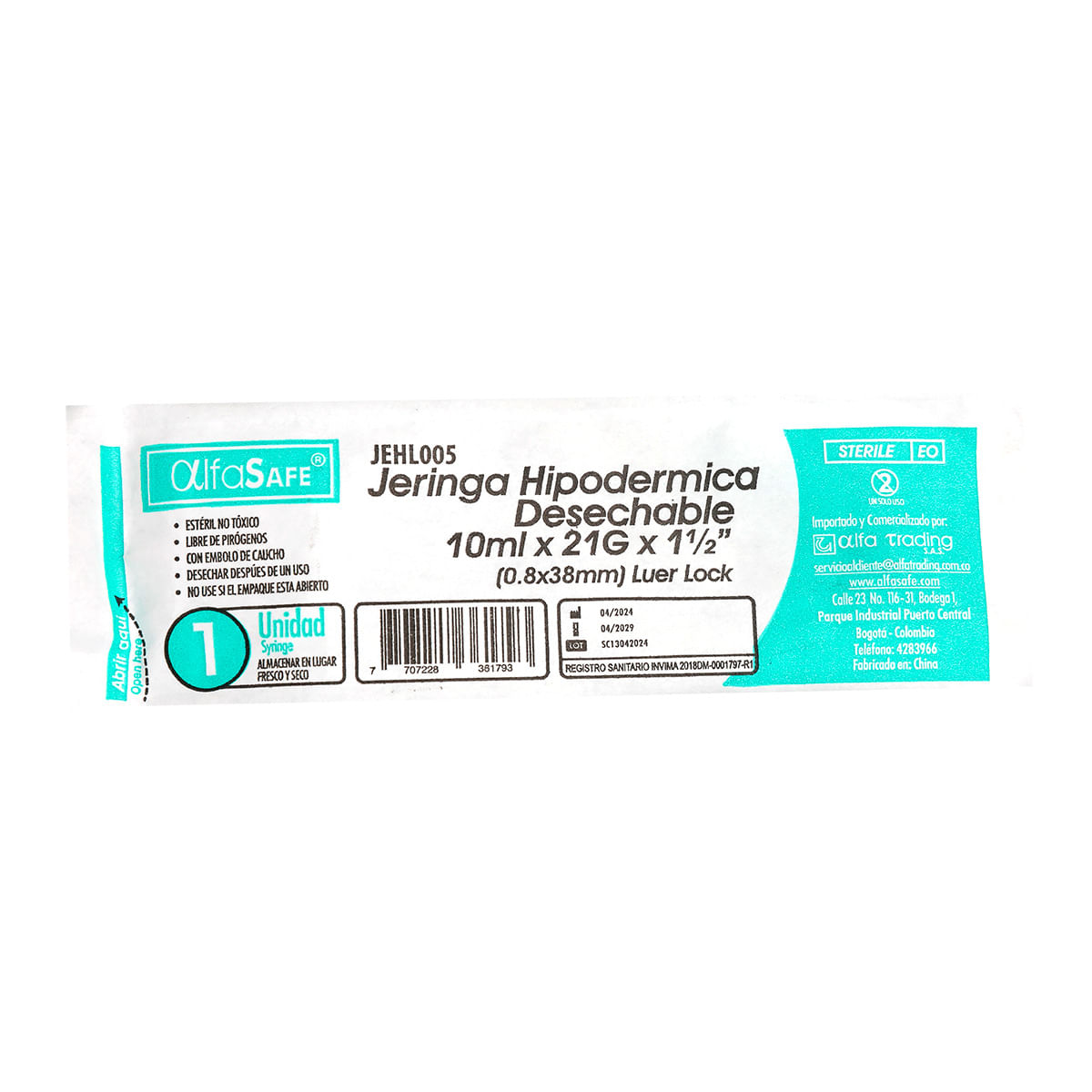 Jeringa 10ml Con Aguja 21g x 1 1/2 Pulgadas