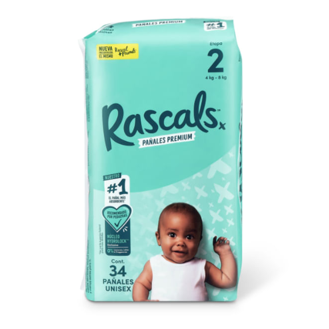 Pañales Rascals Baby Talla-2 Bebe de 4 a 8 kg x 34 unds