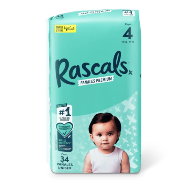 Pañales Rascals Baby Talla-4 Bebé de 10 a 15 kg X34 unds